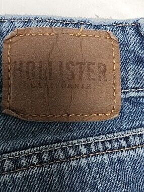 Hollister Women's Blue Denim Jeans with Brown Leather Patch